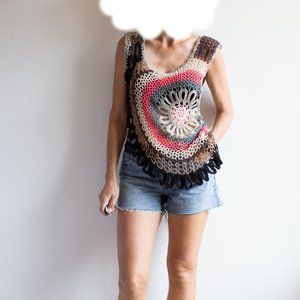 Urban Mango Boho Knit Crocheted High Low Vest Top Size Medium M S Womens